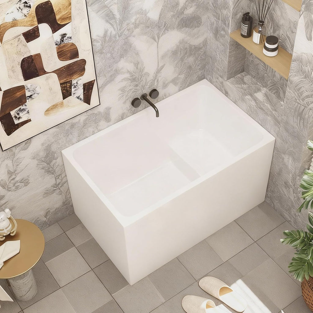 43' Acrylic Freestanding Tub with Seat, Square Shape Soaking Bathtub with Chrome Overflow and Left Drain, Free Standing Acrylic Tubs White