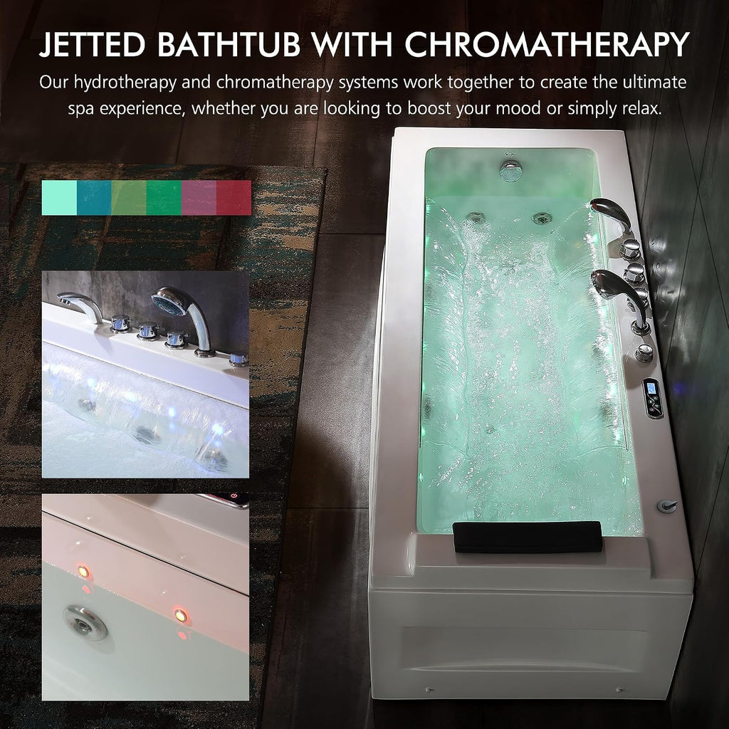 Empava Acrylic Whirlpool Bathtub, 67' Jetted Tub with Heater, Hydro Massage & Chromatherapy, White Modern Freestanding Jetted Air Bathtub