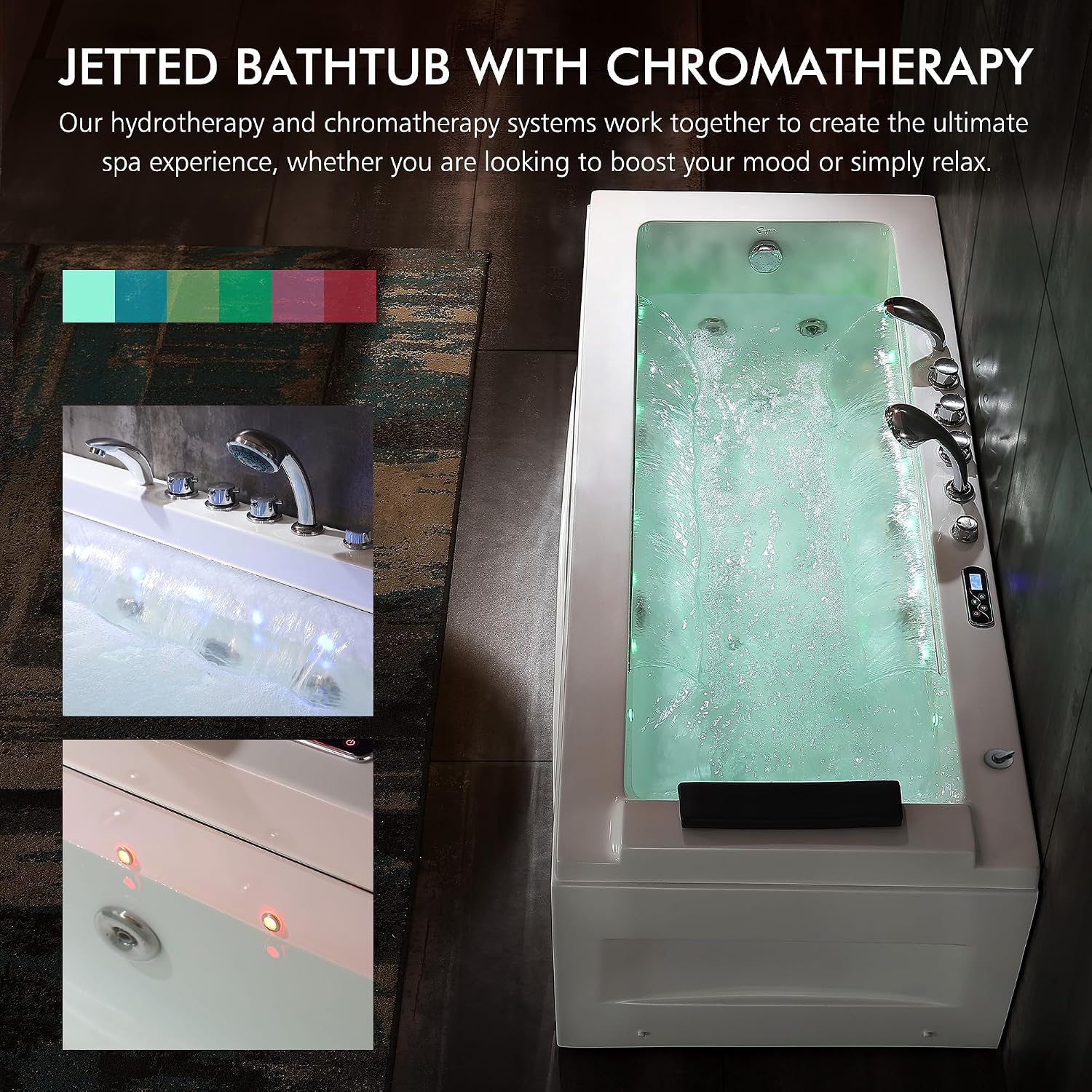 Empava Acrylic Whirlpool Bathtub, 67' Jetted Tub with Heater, Hydro Massage & Chromatherapy, White Modern Freestanding Jetted Air Bathtub