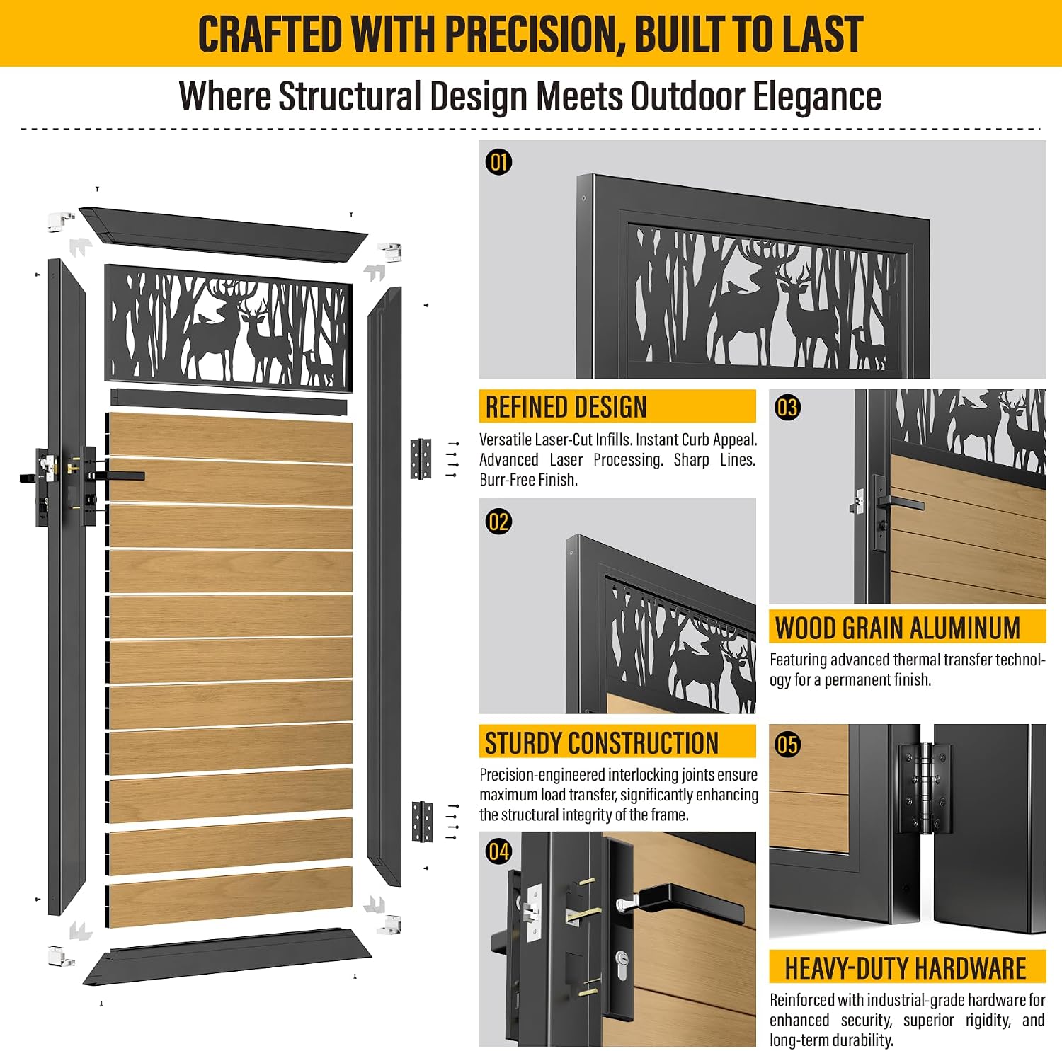 3x5 FT Aluminum Fence Gate Kit Wood Grain Aluminum Gate with Decorative Cutout, Lock & Hinges, Left/Right Opening, Weather Resistant for Yard Garden Patio
