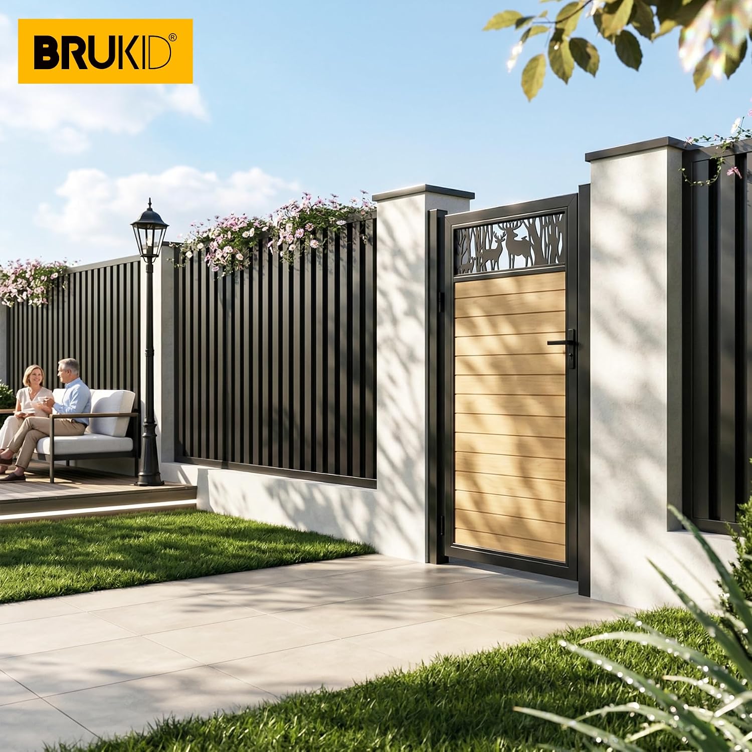 3x6 FT Aluminum Fence Gate Kit Wood Grain Aluminum Gate with Decorative Cutout, Lock & Hinges, Left/Right Opening, Weather Resistant for Yard Garden Patio