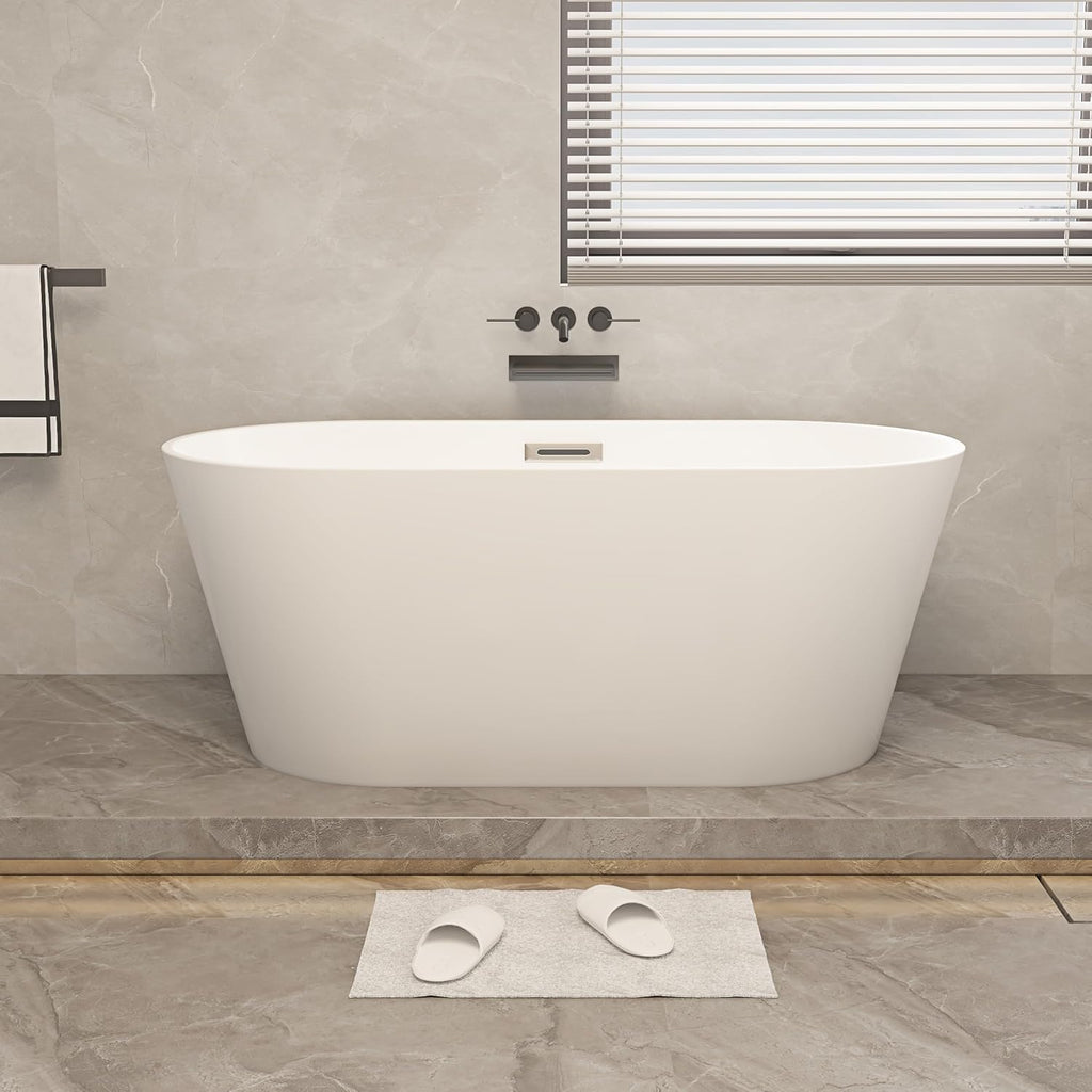 55 Inches Freestanding Soaking Bathtub, Modern Oval Acrylic Hot Tub with Center Chrome Drain & Overflow for Spa, Glossy White