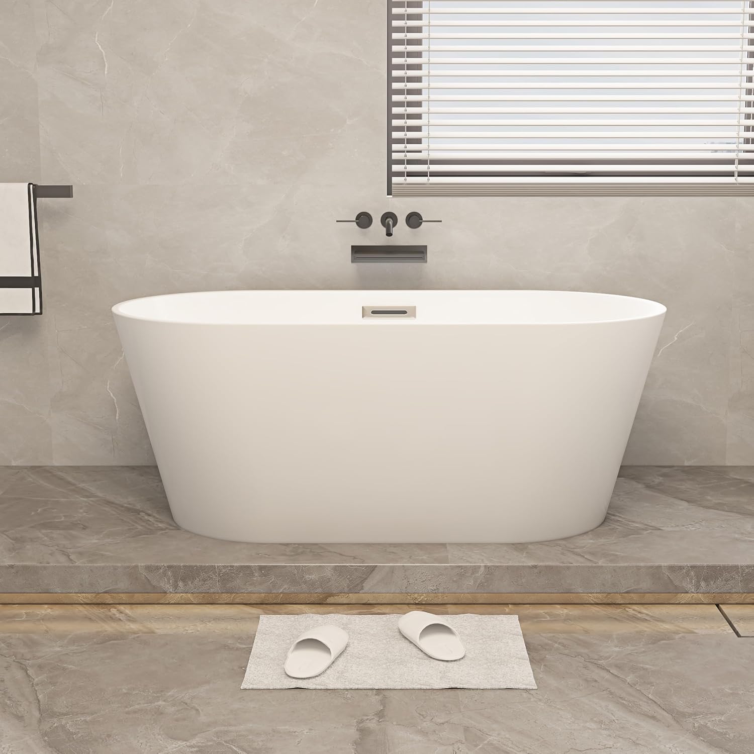 55 Inches Freestanding Soaking Bathtub, Modern Oval Acrylic Hot Tub with Center Chrome Drain & Overflow for Spa, Glossy White