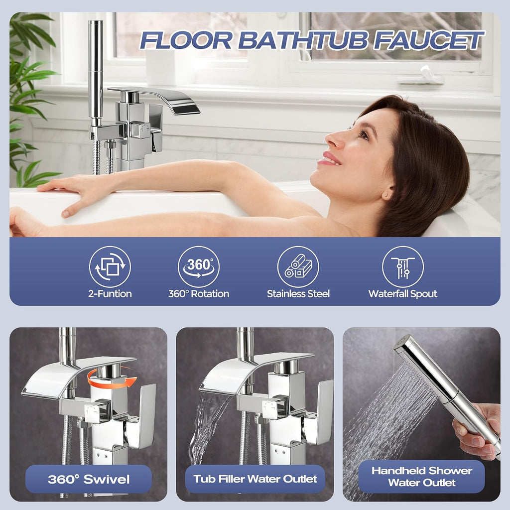 Waterfall Freestanding Bathtub Faucet, Floor Mount Bathroom Tub Filler Shower Faucets with Handheld Sprayer, Chrome
