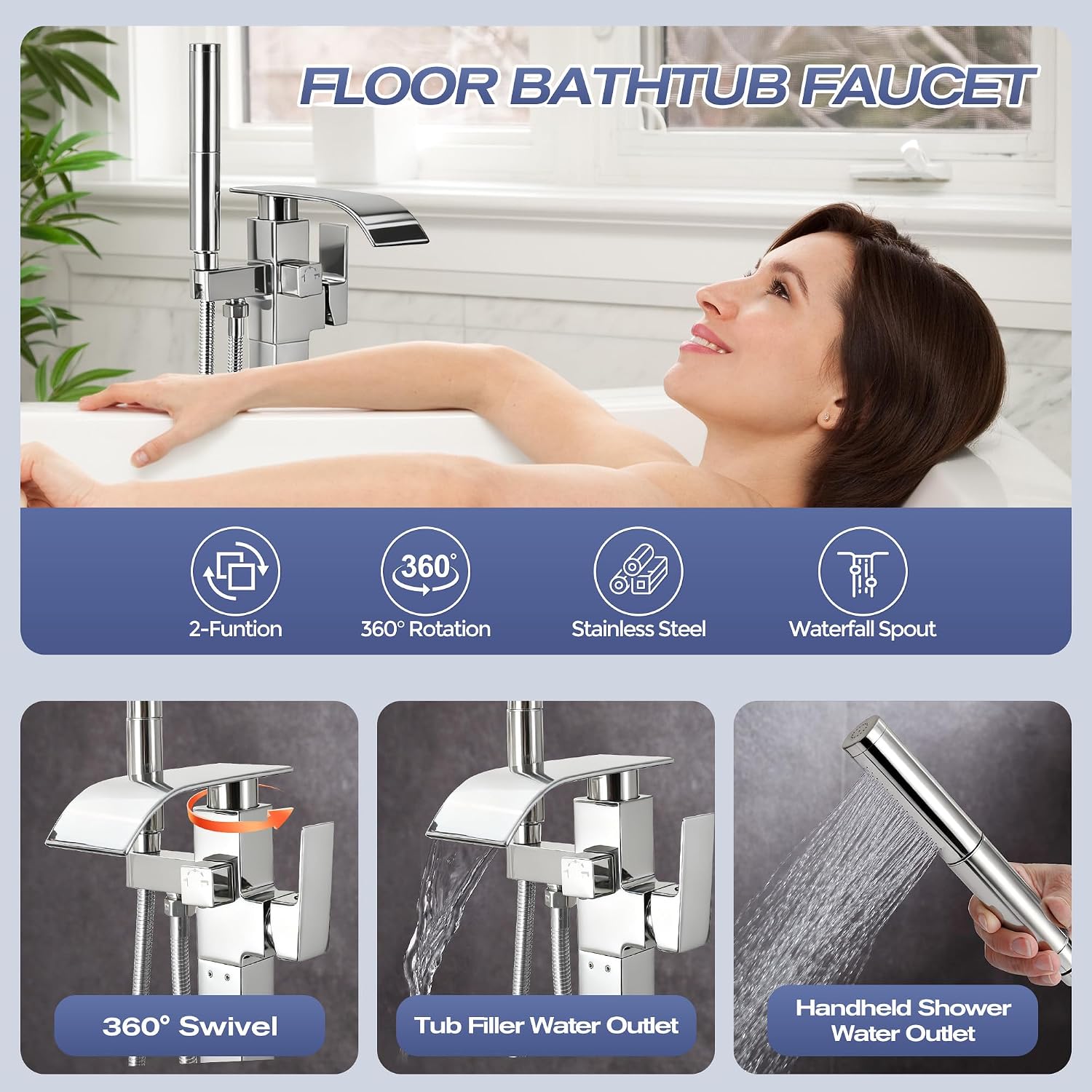 Waterfall Freestanding Bathtub Faucet, Floor Mount Bathroom Tub Filler Shower Faucets with Handheld Sprayer, Chrome