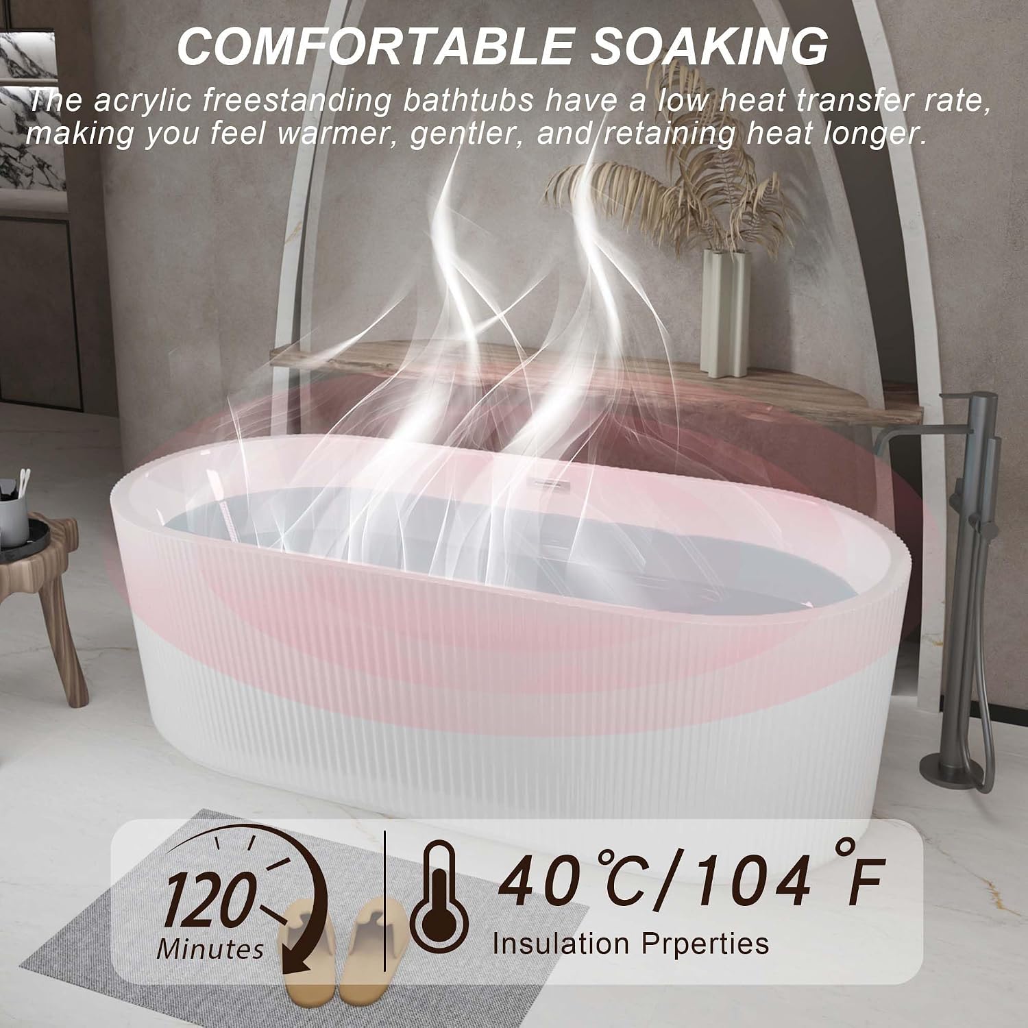 59' Acrylic Freestanding Bathtub with Double-Wall Insulation, Soaking Tub with Adjustable feet & POP-UP Chrome Drain, Soaker Tub for Bathroom, Stand Alone