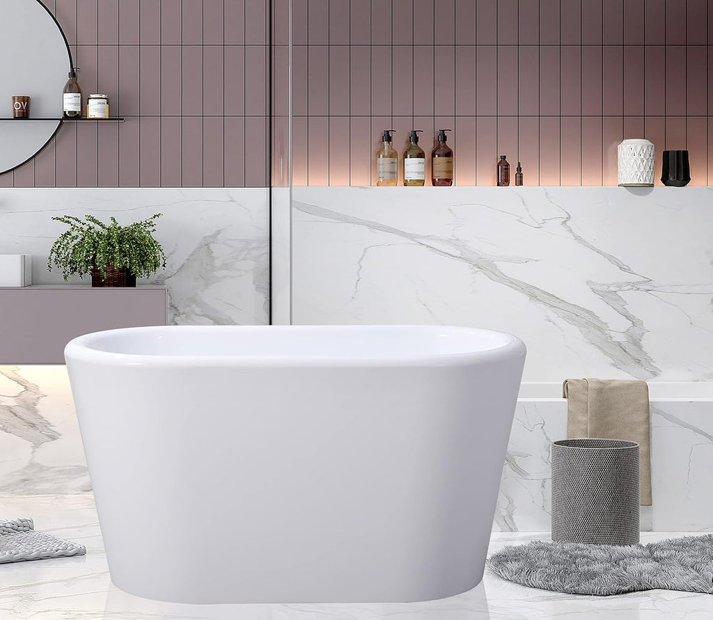 VTDE512628BA 51-Inch Acrylic Freestanding Tub with Drain and Integrated Seat, Glossy White