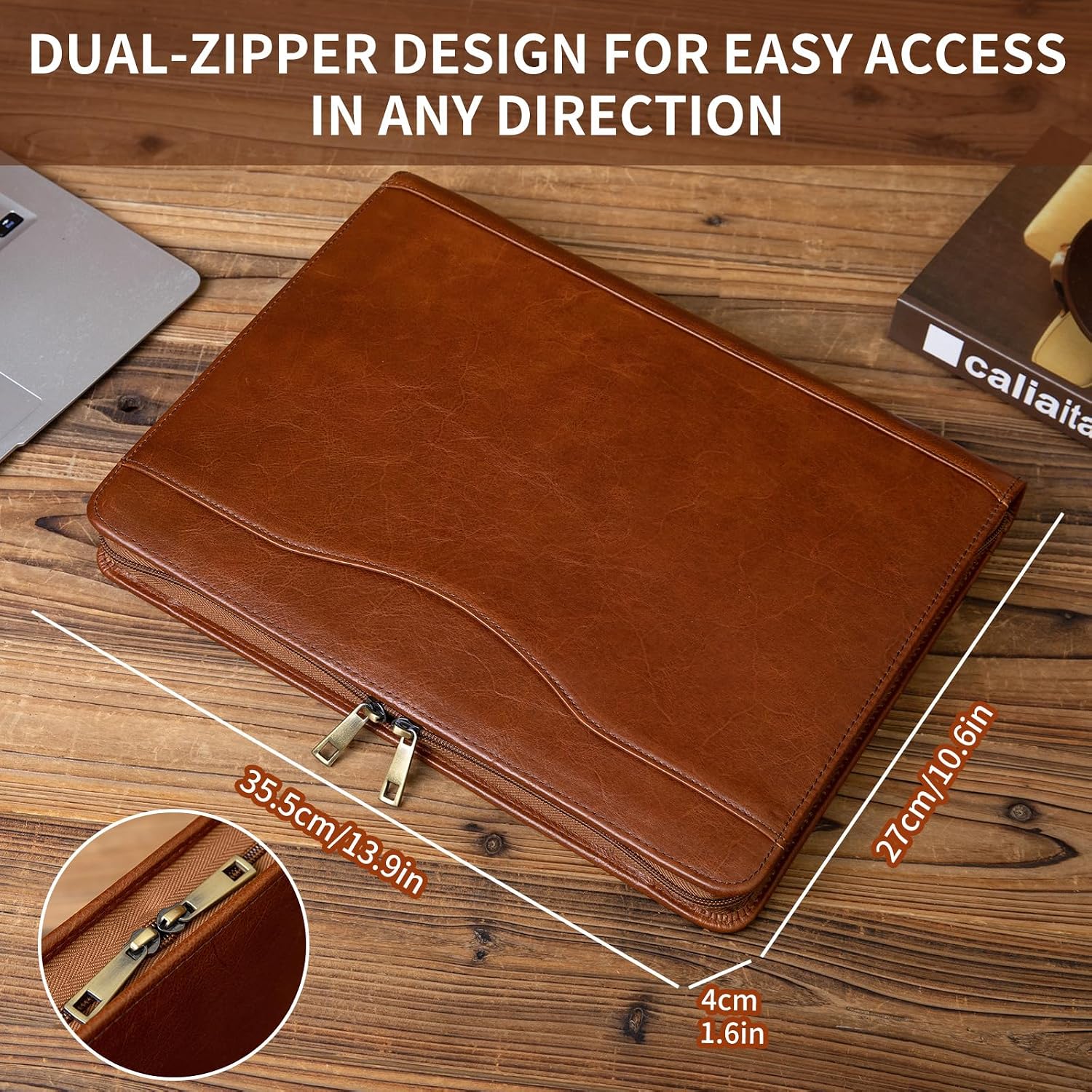 YIWEN Personalized Leather 3 Ring Binder Portfolio with Front Pocket, Zippered Padfolio for 8.5 x 11' Notepad and 13' Tablet, Professional Business Travel Organizer (Brown, Oil Wax Leather)
