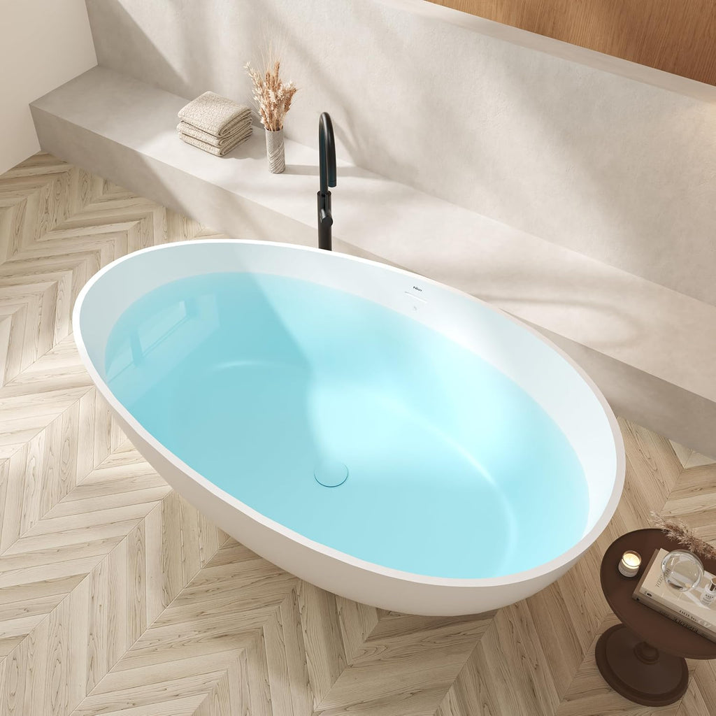 FerdY Lamu 63' Stone Resin Freestanding Bathtub, Gracefully Shaped Freestanding Bathtub, Solid Surface Soaking Tub, Matte White, cUPC Certified, Pop-up Drain and Integrated Slotted Overflow