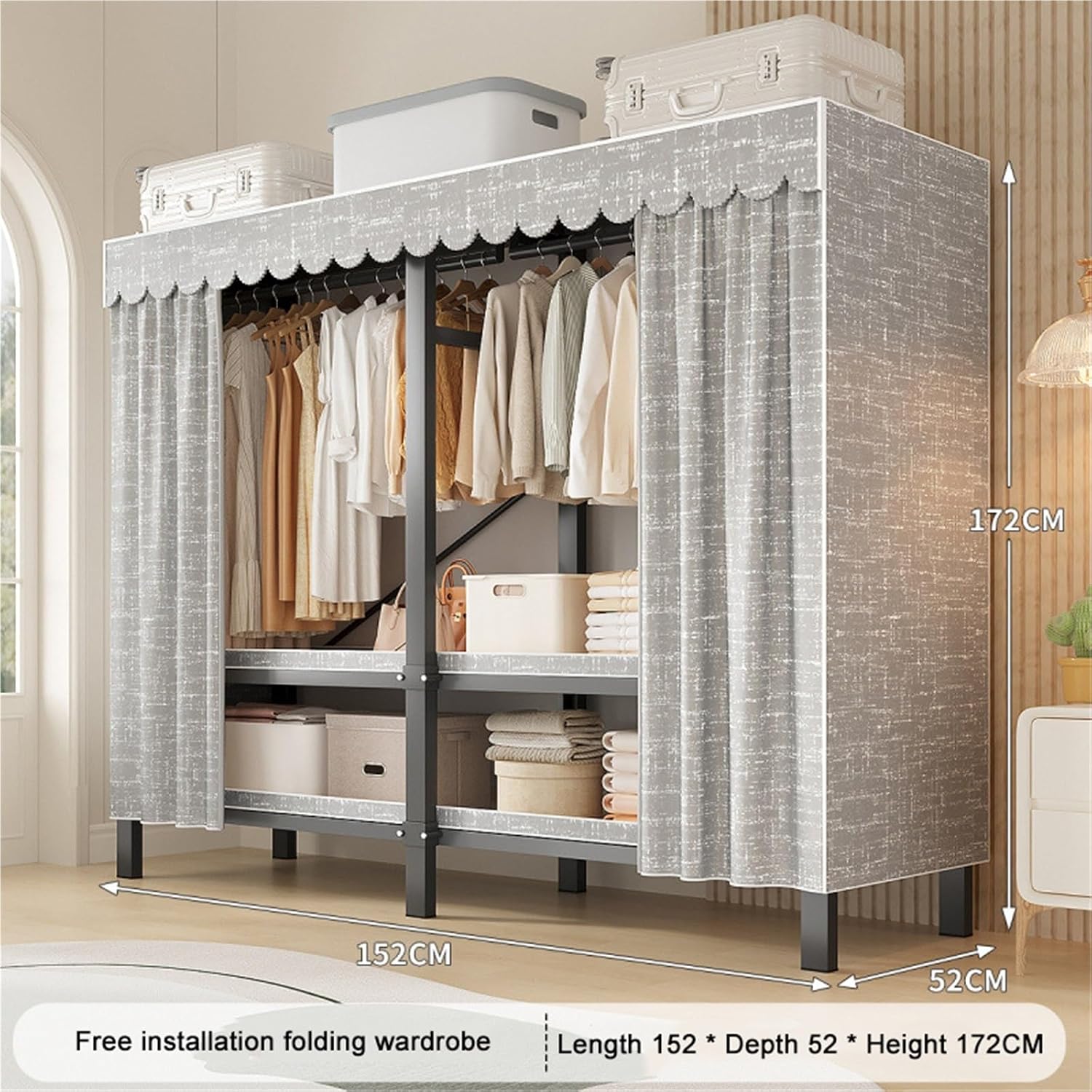Foldable Covered Clothes Rack,Heavy Duty Portable Closet with Cover 1200lbs,for Hanging, Wardrobe Closet System Freestanding Coat Storage Garment Racks Enclosed with Independent Area`(152X52X172CM)