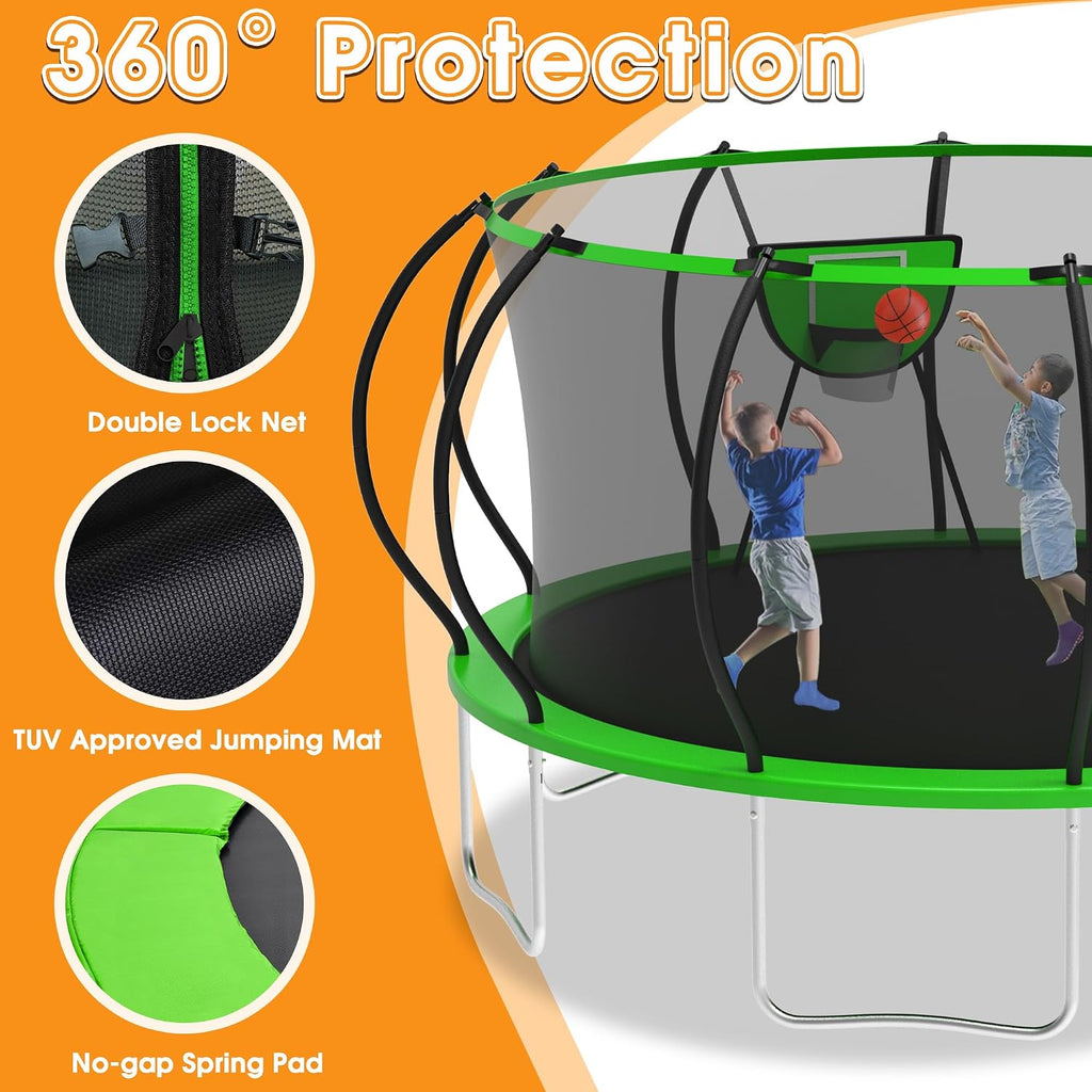 KOFUN 1500LBS 10/12/14FT Tranpoline Outdoor for Kids and Adults, Tranpolines with Net, Ladder, Recreational Tranpoline with Basketball Hoop Easy to Assemble - Curved Poles Larger Room, ASTM Approval