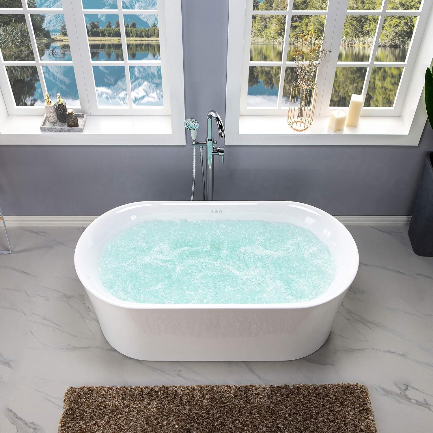WOODBRIDGE 59' Air Bubble Acrylic Freestanding Bathtub Contemporary Soaking Tub, White Acrylic wirh Oil Rubbed Bronze Drain and Overflow,B0102-ORB