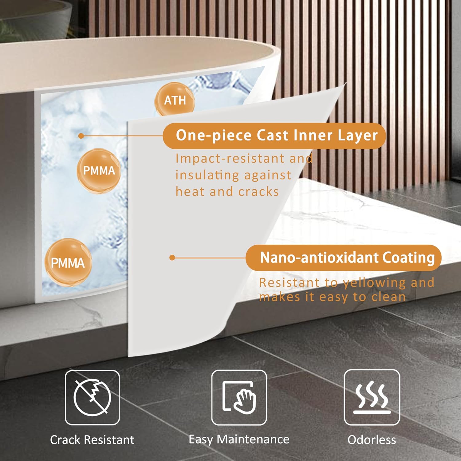 65' Freestanding Solid Surface Bathtub - Luxury Handcrafted Stone Resin Soaking Tub with Overflow, Pop-up Drain & Matte White Finish for Spa-Like Relaxation