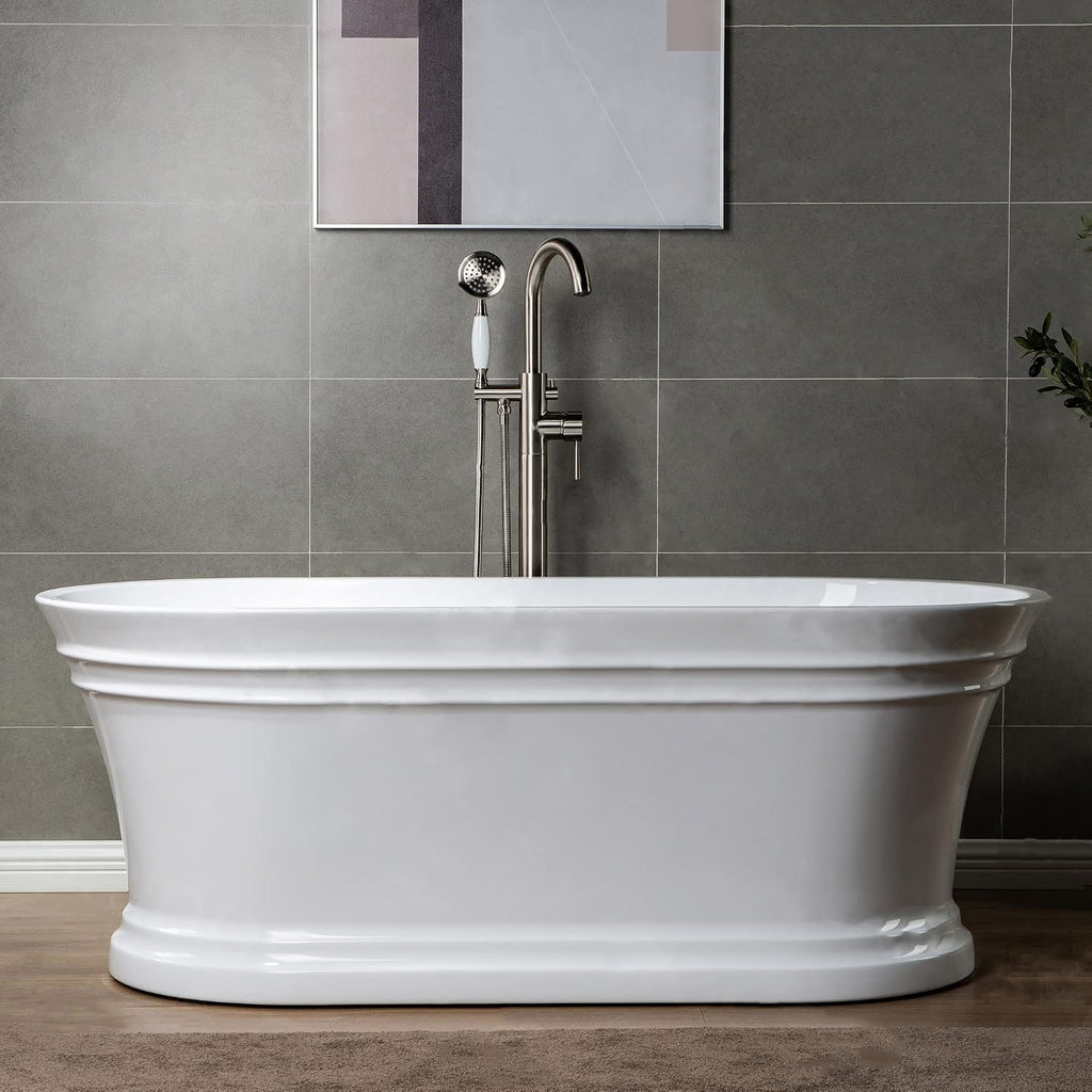 WOODBRIDGE F0001BNVT Fusion Single Handle Floor Mount Freestanding Tub Filler Faucet with Telephone Hand shower in Brushed Nickel Finish