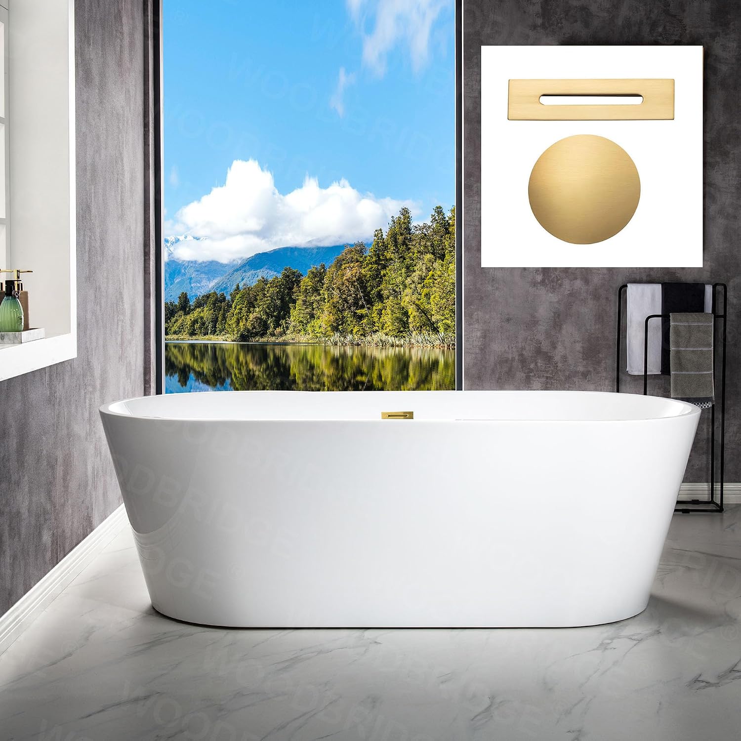 WOODBRIDGE 71' Acrylic Freestanding Bathtub Contemporary Soaking White Tub with Brushed Gold Overflow and Drain,B1701-BG