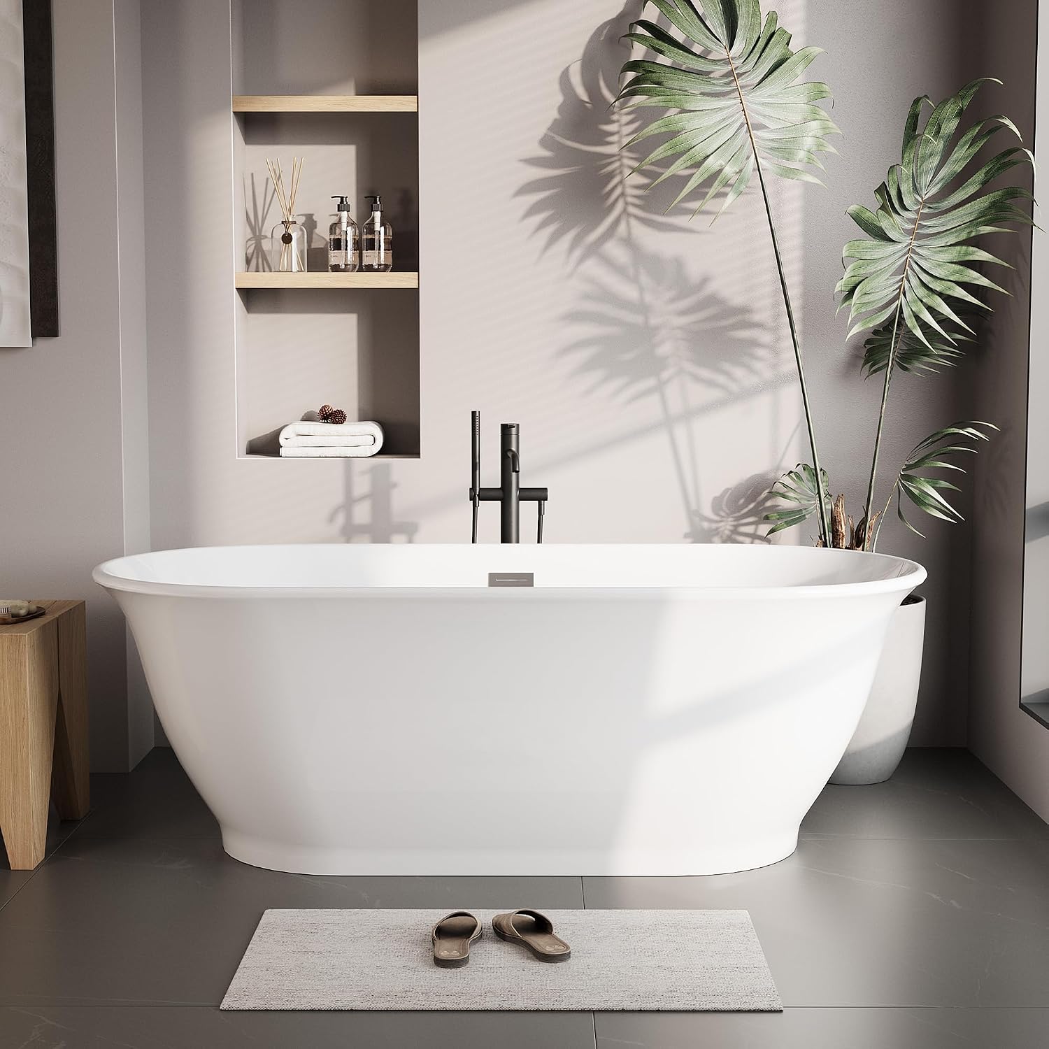Modern Ergonomic Freestanding Acrylic Bathtub, 59 Inch Deep Soaking Tub with Double-Walled Insulation, Matte & Chrome Drain, cUPC Certified, Easy Installation, Ideal for Home Spa