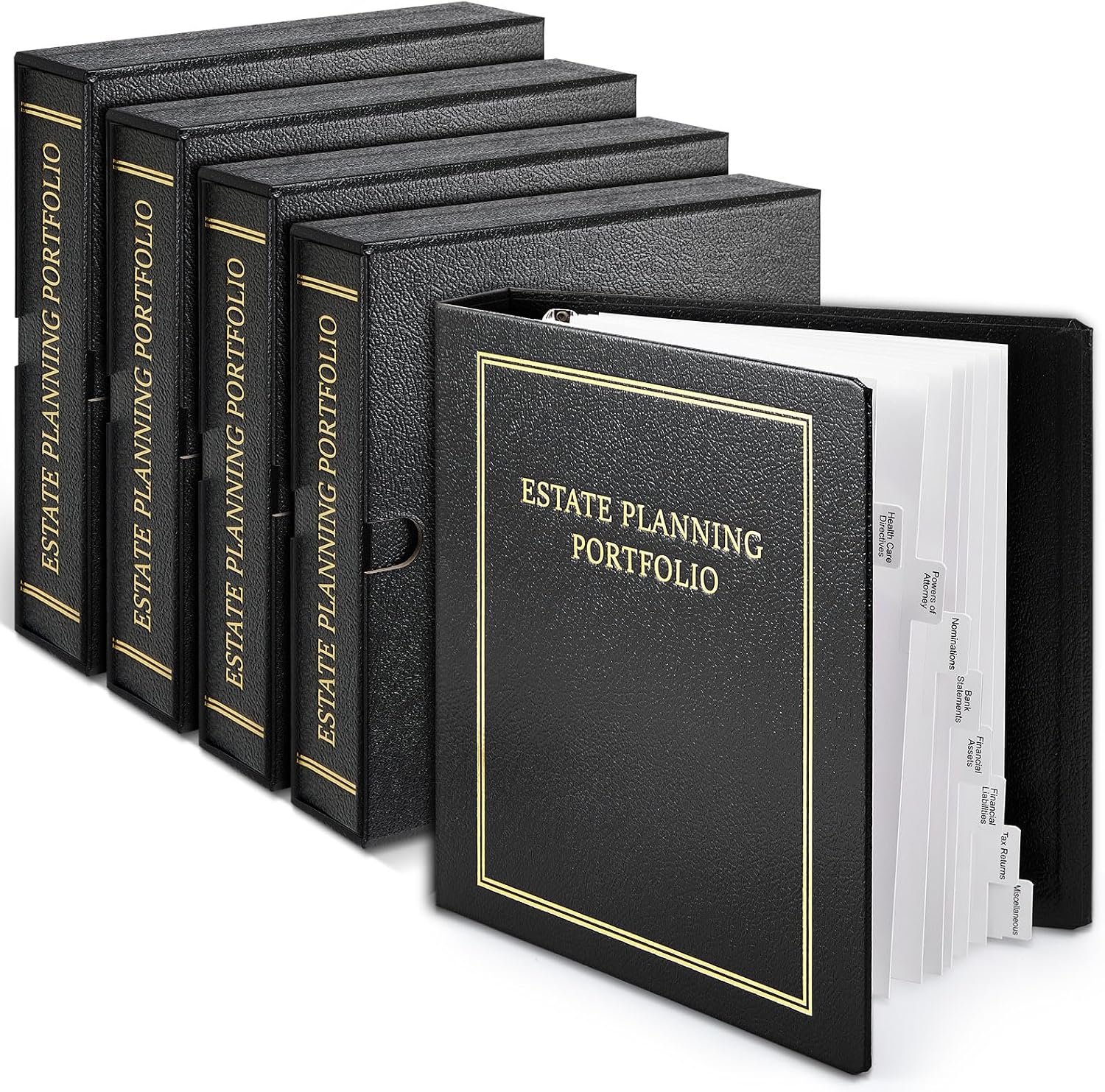 Feifeiya 8 Pcs Black Estate Planning Portfolio Binders with Gold Title in Case I Die Organizer with Index Tabs and Cardboard Slipcase 3 Ring Binders 11.5 x 11 x 2.5 Inches