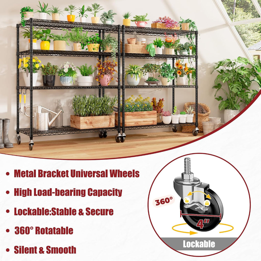PrimeZone 2 Packs 55.5' W x 24' D x 80' H Heavy Duty Wire Storage Shelves with Wheels, 4 Tier Adjustable NSF Commercial Garage Shelving Unit, Rolling Metal Organizer Shelf Rack for Warehouse, Pantry