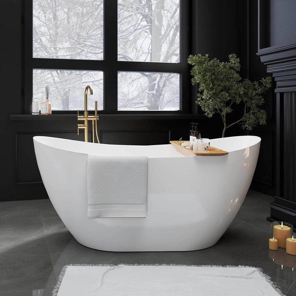 60' Acrylic Freestanding Bathtubs, High-back Stand Alone Tub, Soaking Tubs for Bathroom, Integrated Overflow and Drain, cUPC Certified, Gloss White