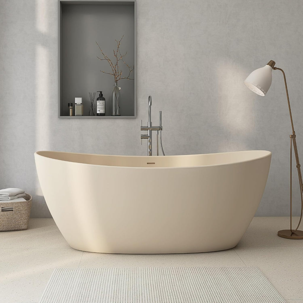 65'' Resin Stone Freestanding Bathtub, Solid Surface Free Standing Tub, Contemporary Design Soaking Tub with Pop-up Drain and Overflow, Stand Alone Tubs cUPC Certified, Latte color