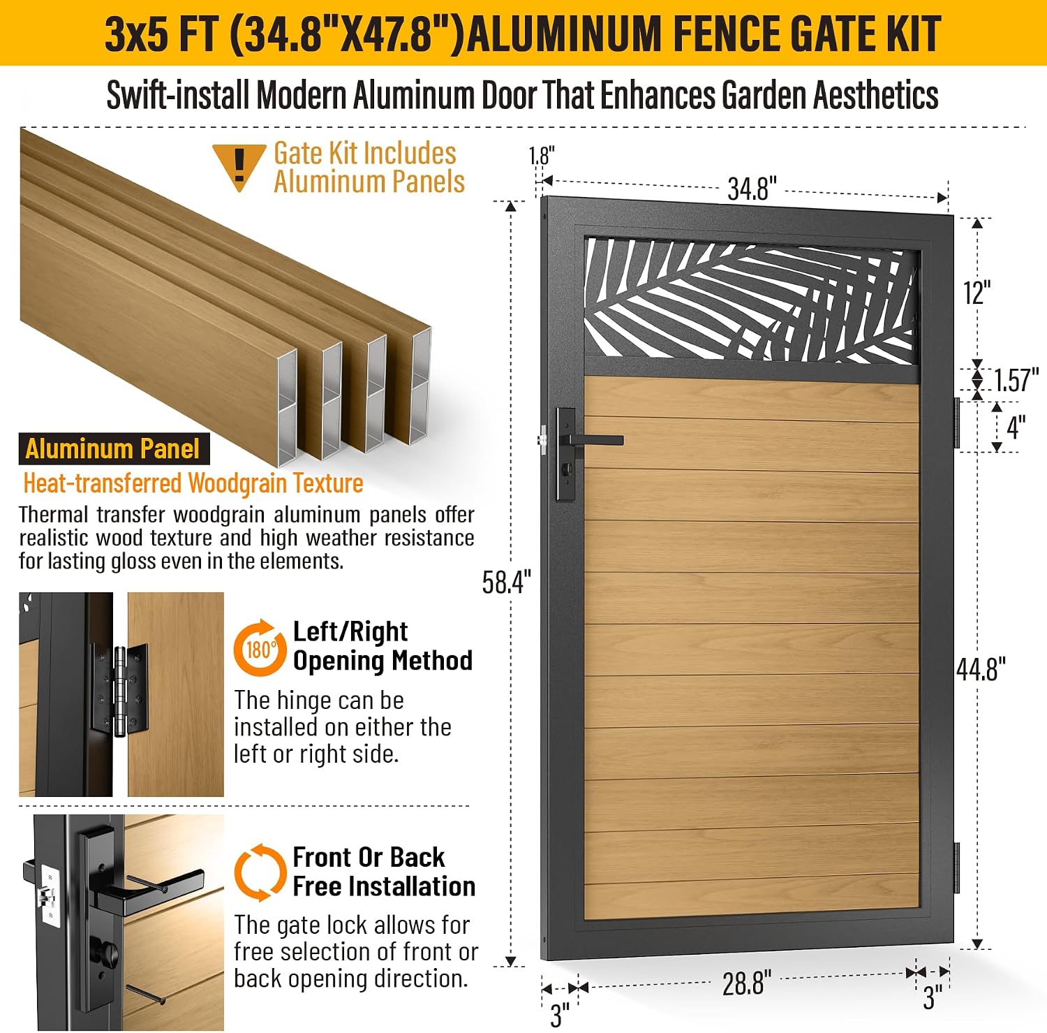 3x5 FT Aluminum Fence Gate Kit Wood Grain Aluminum Gate with Decorative Cutout, Lock & Hinges, Left/Right Opening, Weather Resistant for Yard Garden Patio