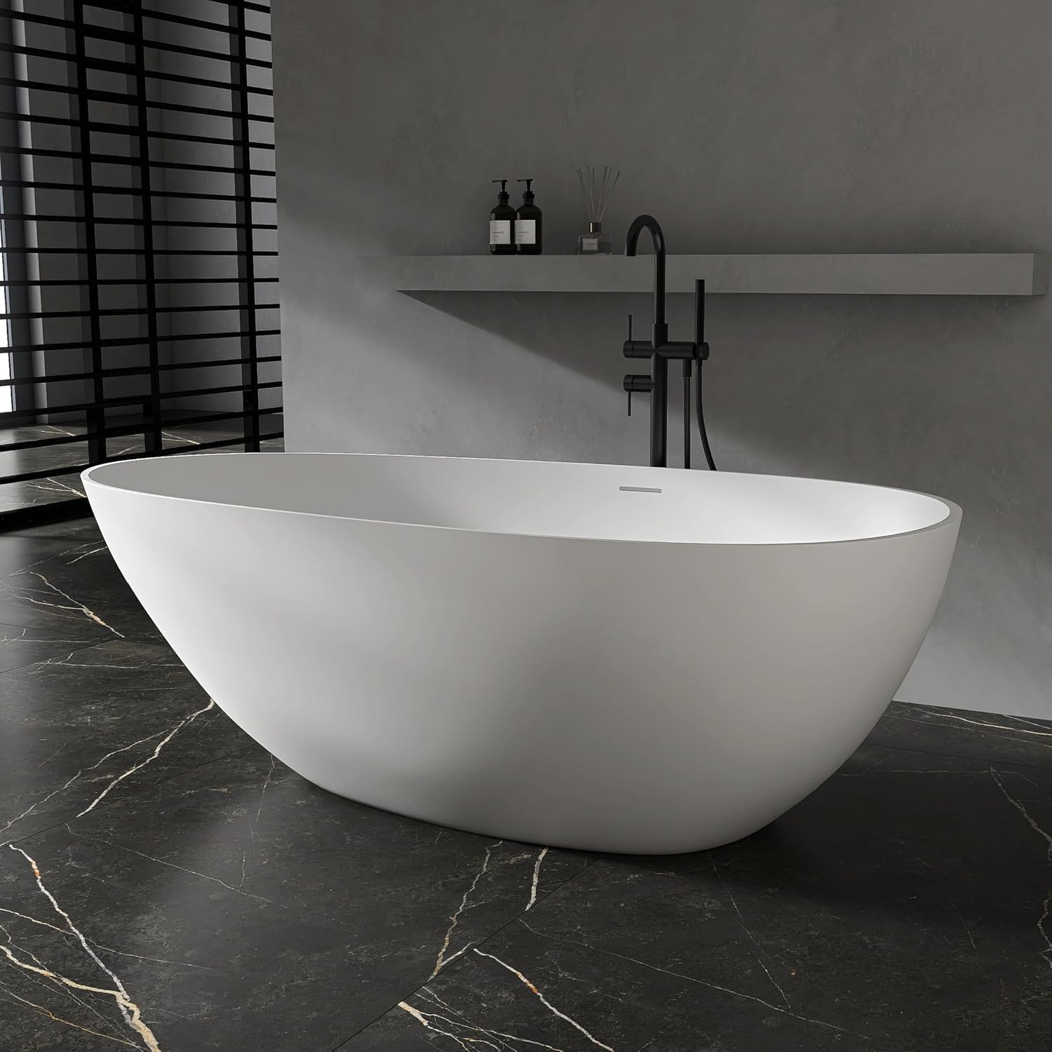 67' Stone Resin Freestanding Tub, Oval Solid Surface Bathroom Freestanding Bathtub, Thin Edge Stand Alone Tub with Integrated Slotted Overflow and Pop-up Drain, White 302-1700