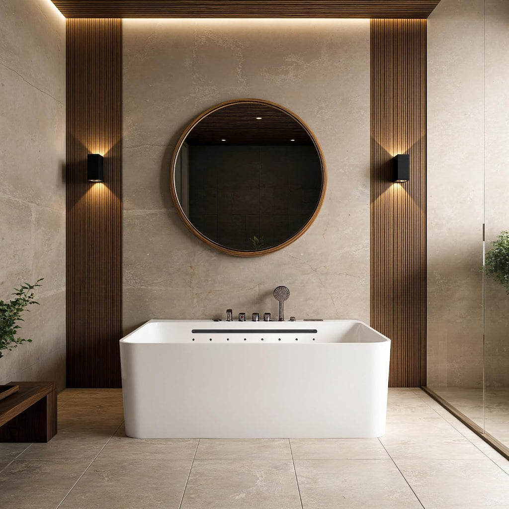 67' Whirlpool Freestanding Soaking Acrylic Jetted Rectangular Bathtub with Waterfall SPA Hydro Massage & Chromatherapy, LED Control Panel with Light, UL Certified
