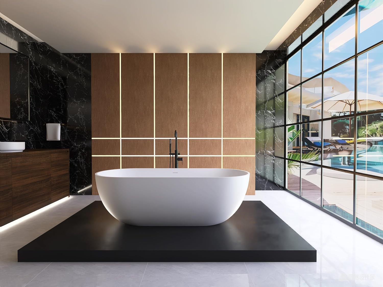 Oval 69' Freestanding Tub, Solid Surface Bathtub Matte White | Modern Stand Alone Bathtub, Stone Resin Free Stand, Contemporary Soaking Tub with Pop-Up Drain and Overflow