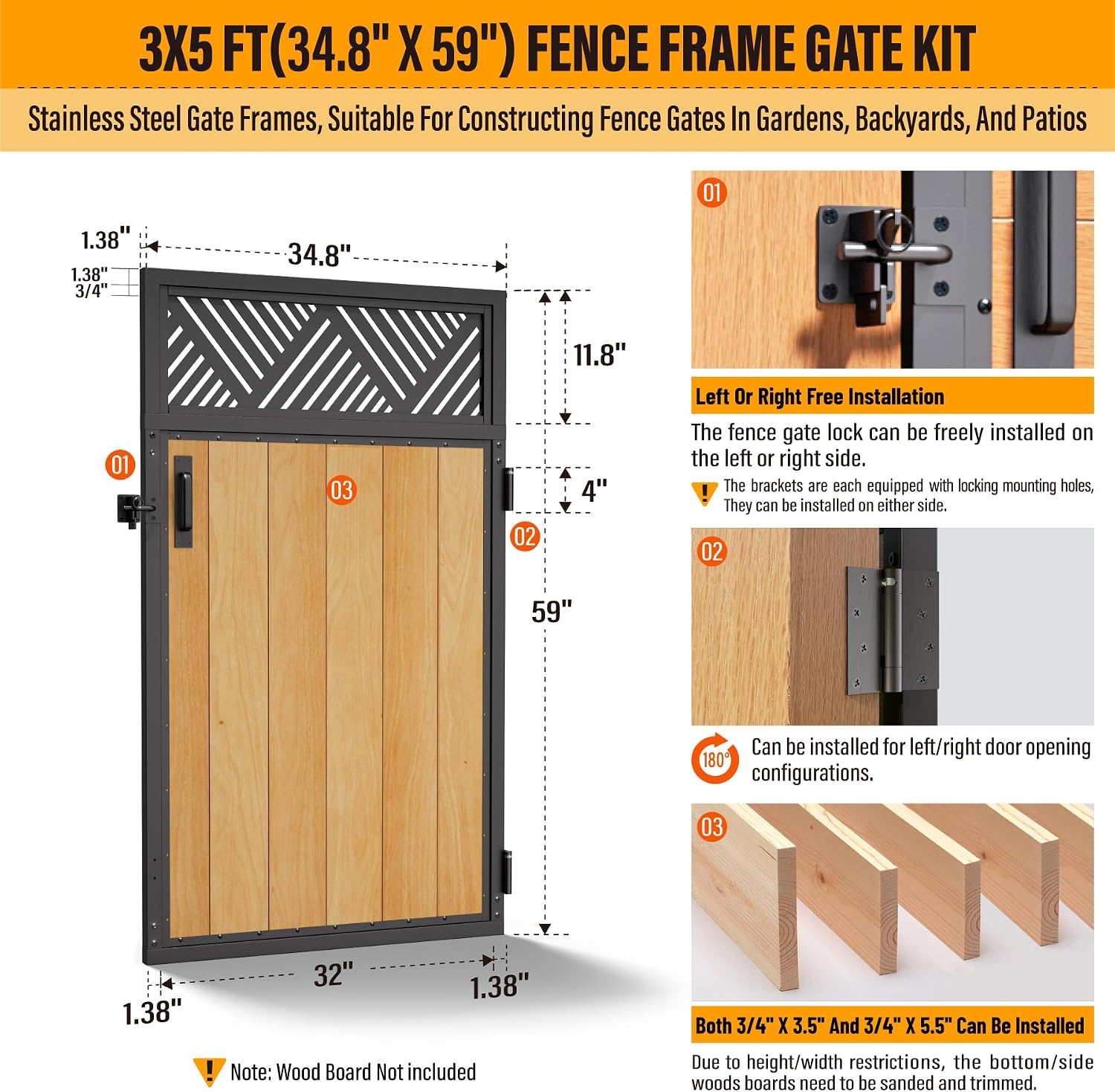 3x5FT Fence Gate Frame Kit 201 Stainless Steel Anti-Sag Heavy Duty Garden Gate Reinforcement Hardware, Left/Right Mount (No Panels Included)(34.8'W X 59'H)