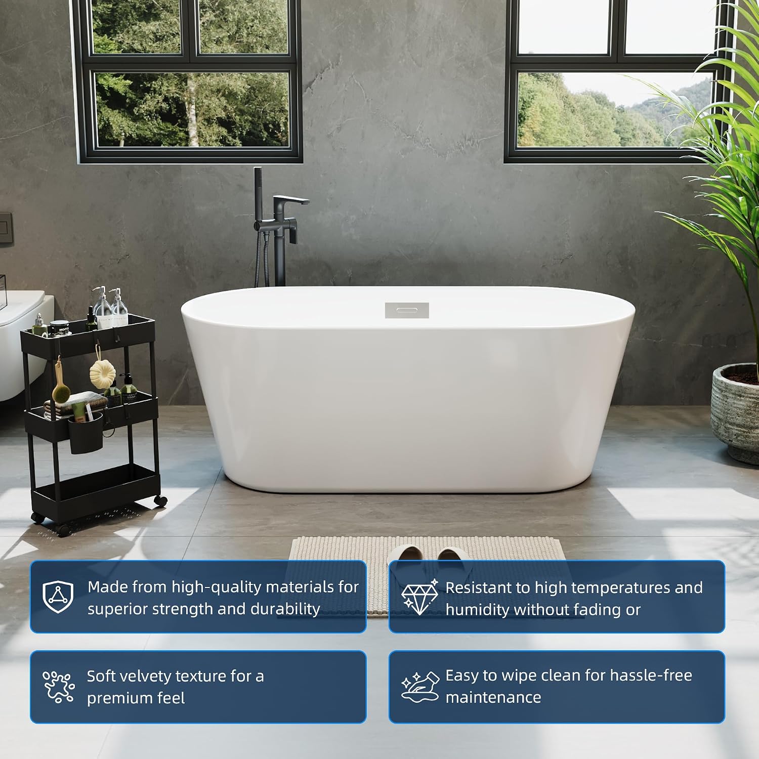 67' Free Standing Tub, Acrylic Soaking Bathtub, Stand Alone Freestanding Tub with Matte Sliver Drain and Overflow, Contemporary Bathtub for Bathroom, Burnish White