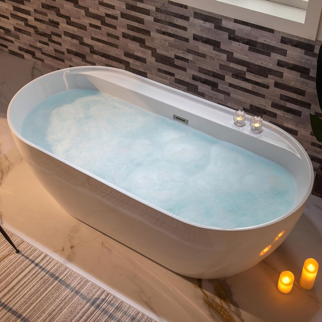 WOODBRIDGE 72' Acrylic Freestanding Bathtub Contemporary Soaking White Tub with Brushed Nickel Overflow and Drain,B0059-BN
