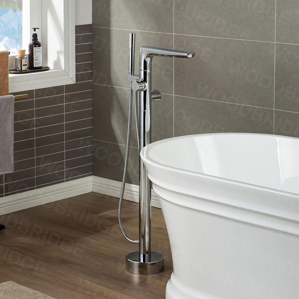 WOODBRIDGE Contemporary Single Handle Floor Mount Freestanding Tub Filler Faucet with Hand shower in Chrome Finish,F0013CH