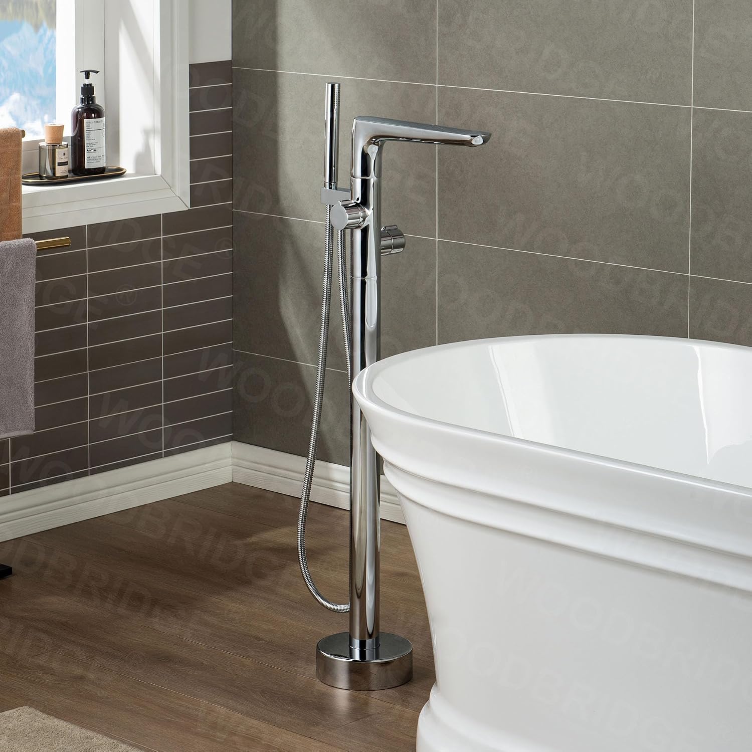 WOODBRIDGE Contemporary Single Handle Floor Mount Freestanding Tub Filler Faucet with Hand shower in Chrome Finish,F0013CH