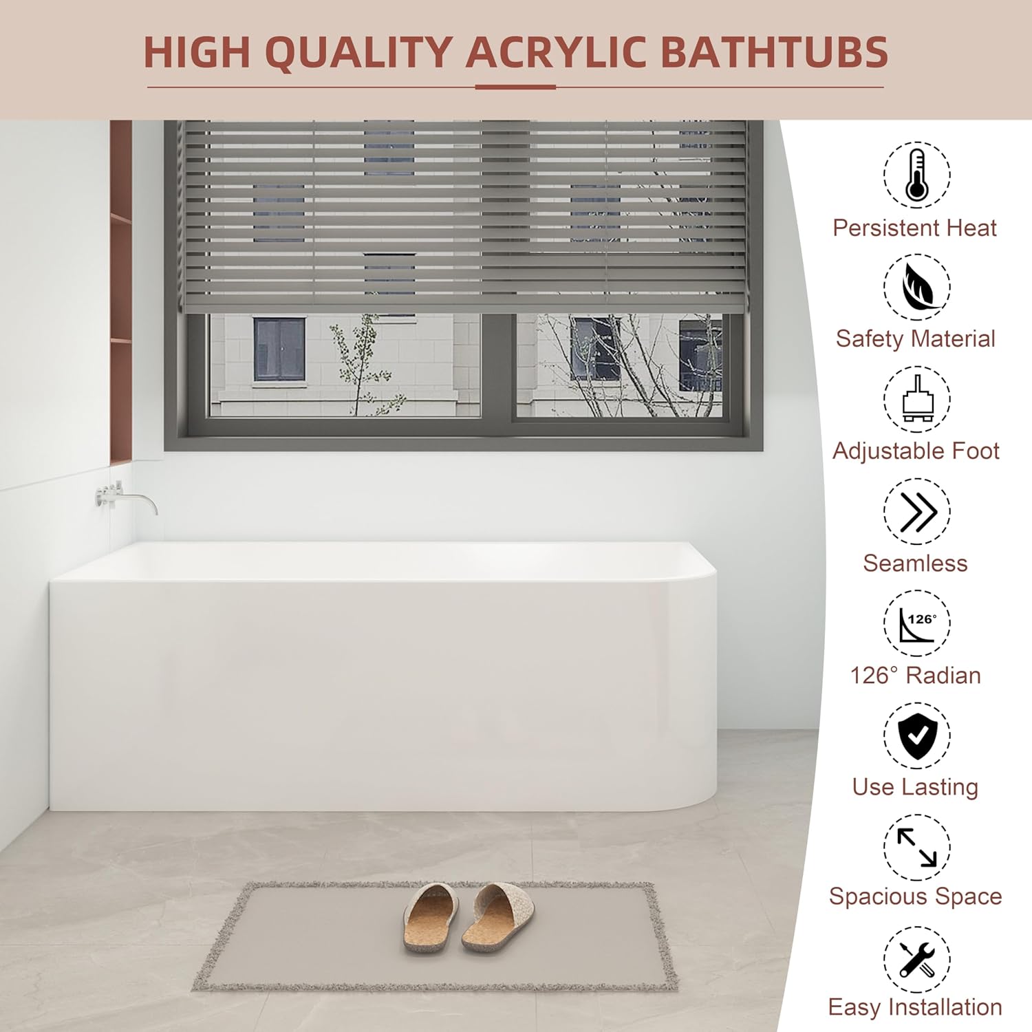 59 inch Corner Wave Style Left Drain Freestanding Soaking Bathtub, Modern Stand Alone Free Standing Acrylic Durable Tub with Left Hand Drain & Overflow, Glossy White