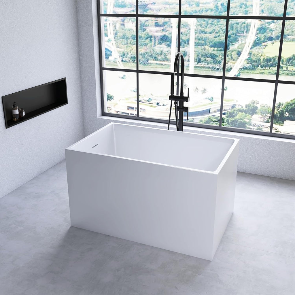 43' Freestanding Bathtubs Free Standing Tubs with Seat，Spacious Rectangular Shape Modern Japanese Bathtub， Chrome Slot Overflow and Pop-Up Drain，CUPC Certified，White,DJ014-1100
