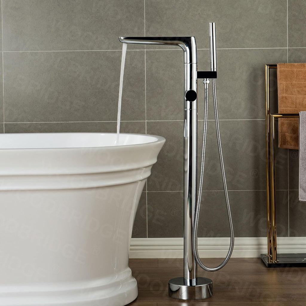 WOODBRIDGE Contemporary Single Handle Floor Mount Freestanding Tub Filler Faucet with Hand shower in Chrome Finish,F0013CH