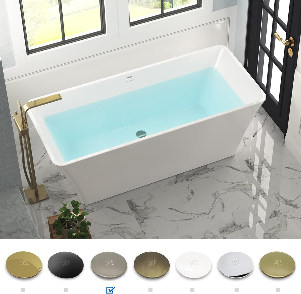 FerdY Sentosa 67' Acrylic Freestanding Bathtub, Contemporary Design Soaking Tub with Brushed Nickel Drain and Minimalist Linear Design Overflow, Easy to Install, 02560