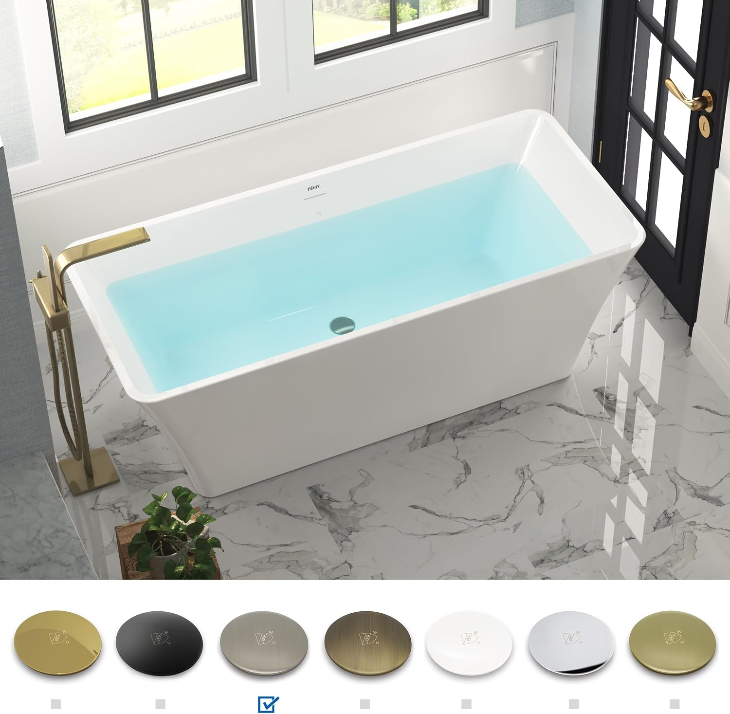 FerdY Sentosa 67' Acrylic Freestanding Bathtub, Contemporary Design Soaking Tub with Brushed Nickel Drain and Minimalist Linear Design Overflow, Easy to Install, 02560