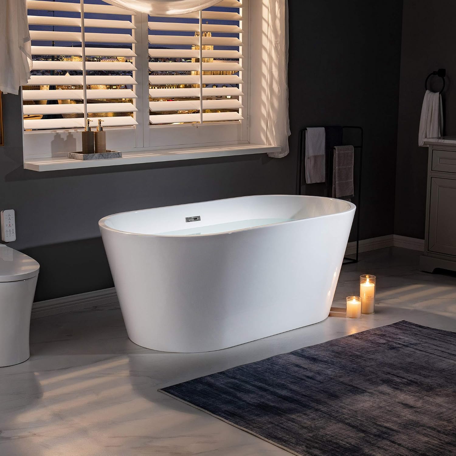 WOODBRIDGE 59' Acrylic Freestanding Bathtub Contemporary Soaking White Tub with Brushed Nickel Overflow and Drain,B0014 -B/N-Drain &O