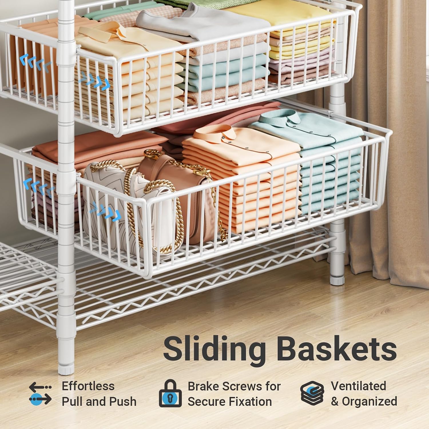 VIPEK V10 Wire Garment Rack 5-Tiers Heavy Duty Clothes Rack Large Size Clothing Rack with 4 Hanging Rods, 6 Wire Shelves and 2 Slid Baskets, 68.9' W x 15.7' D x 76.4' H, Max Load 920 LBS, White