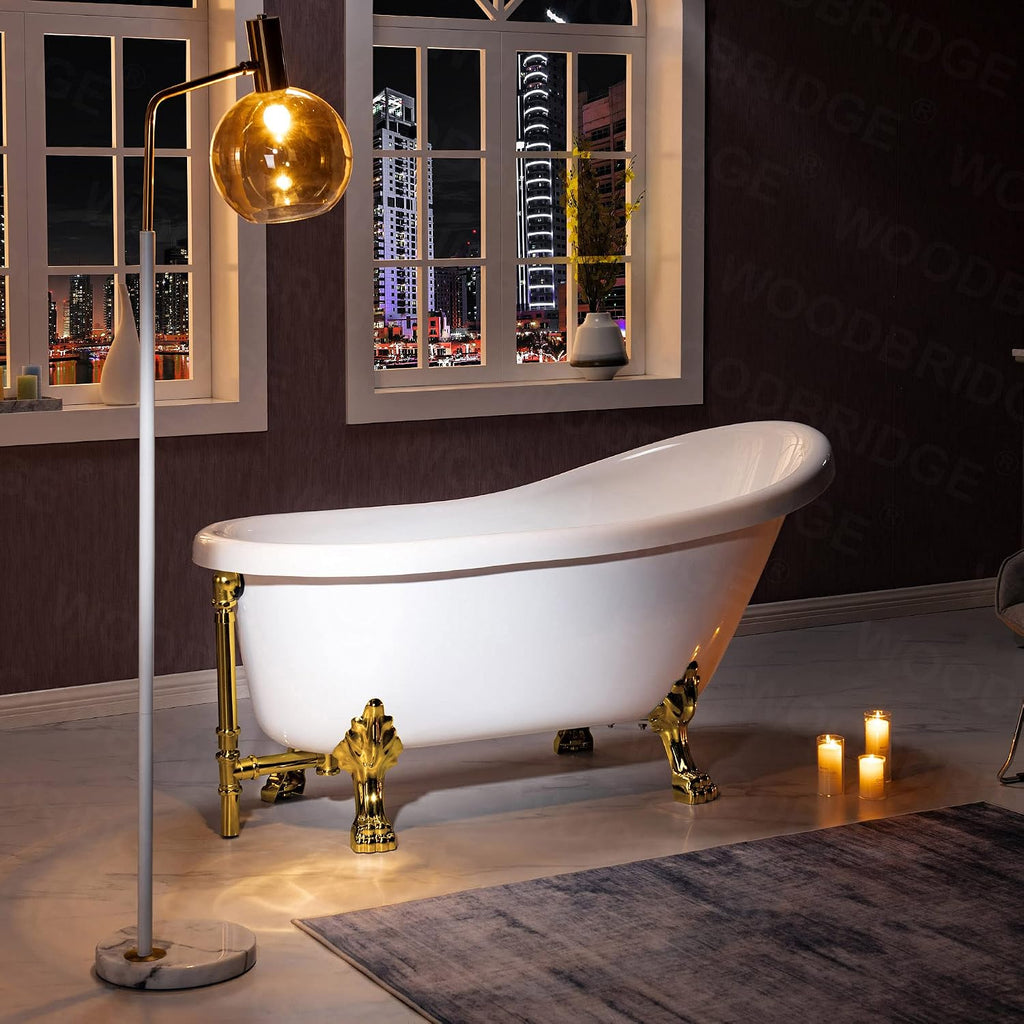 WOODBRIDGE 59' Heavy Duty Acrylic Slipper Clawfoot Bath Tub with Polished Gold Feet + Polished Gold Drain &Overflow