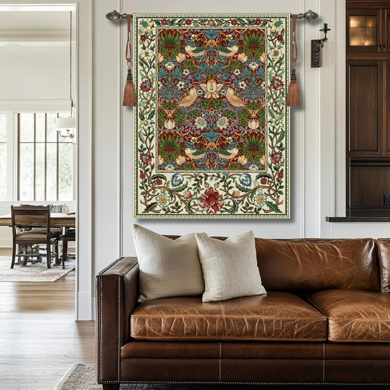 Vintage Medieval Tapestry, William Morris Birds and Flowers, Jacquard Woven Tapestry Wall Hanging for Living Room (Burgundy)