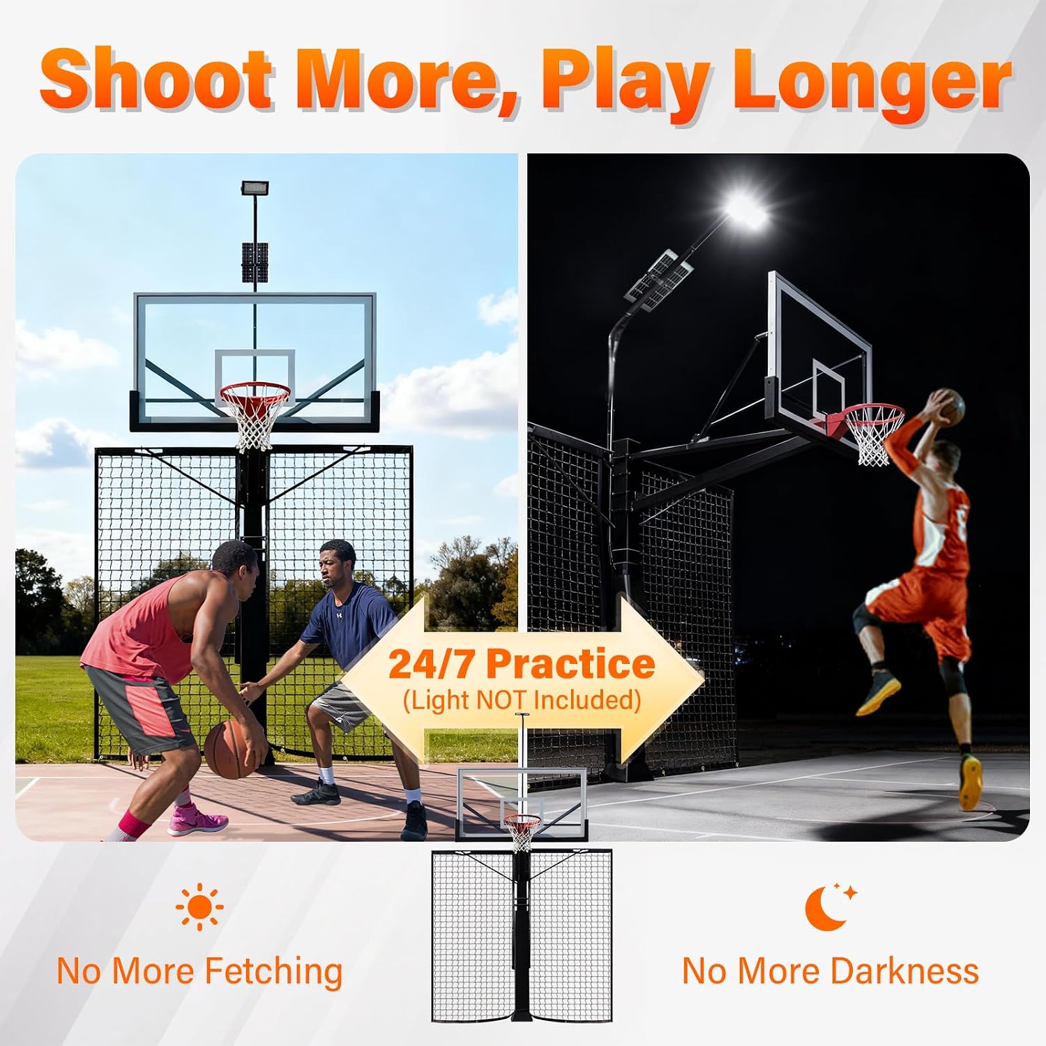 Basketball 2-in-1 Backstop Net+Light Mount System, Standalone Backstop Net, Standalone Light Mount Frame for Backyard Family Play, Fits Standard Hoops(Light NOT Included)