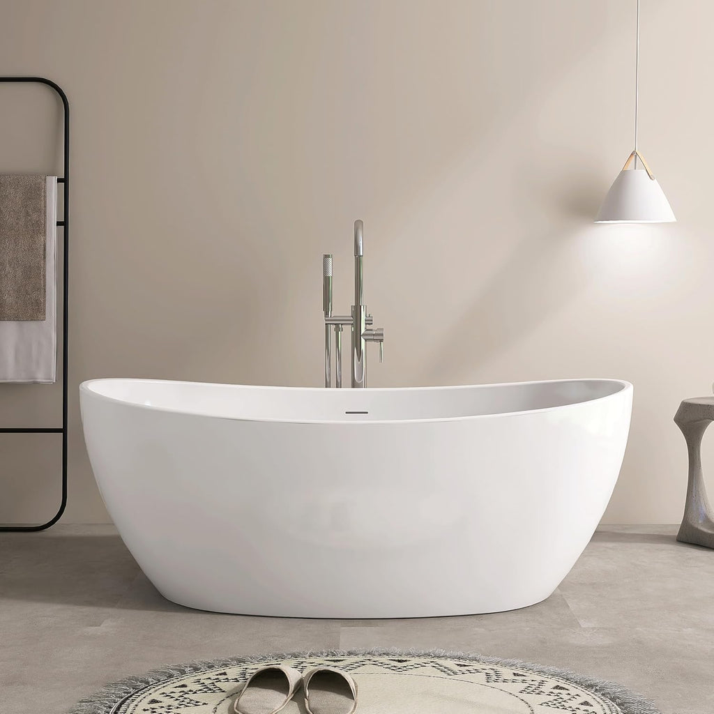 SJ STAR&JANE 60' Freestanding Bathtub, Acrylic Soaking Bathtub, Modern Acrylic Stand Alone Tub in white Intergrated Drain and Overflow,cUPC Certified