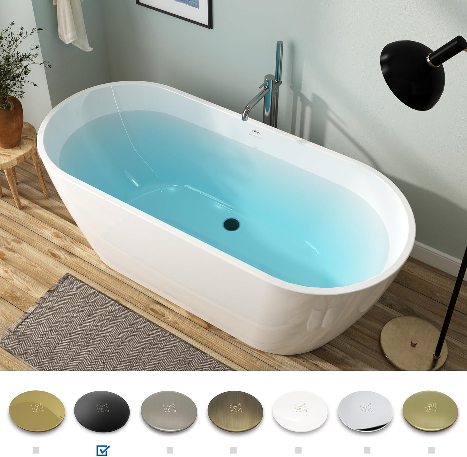 FerdY 67' Acrylic Freestanding Bathtub, Contemporary Soaking tub with Matte Black Drain & Overflow, cUPC Certified, Elegant Oval Shape, Bali