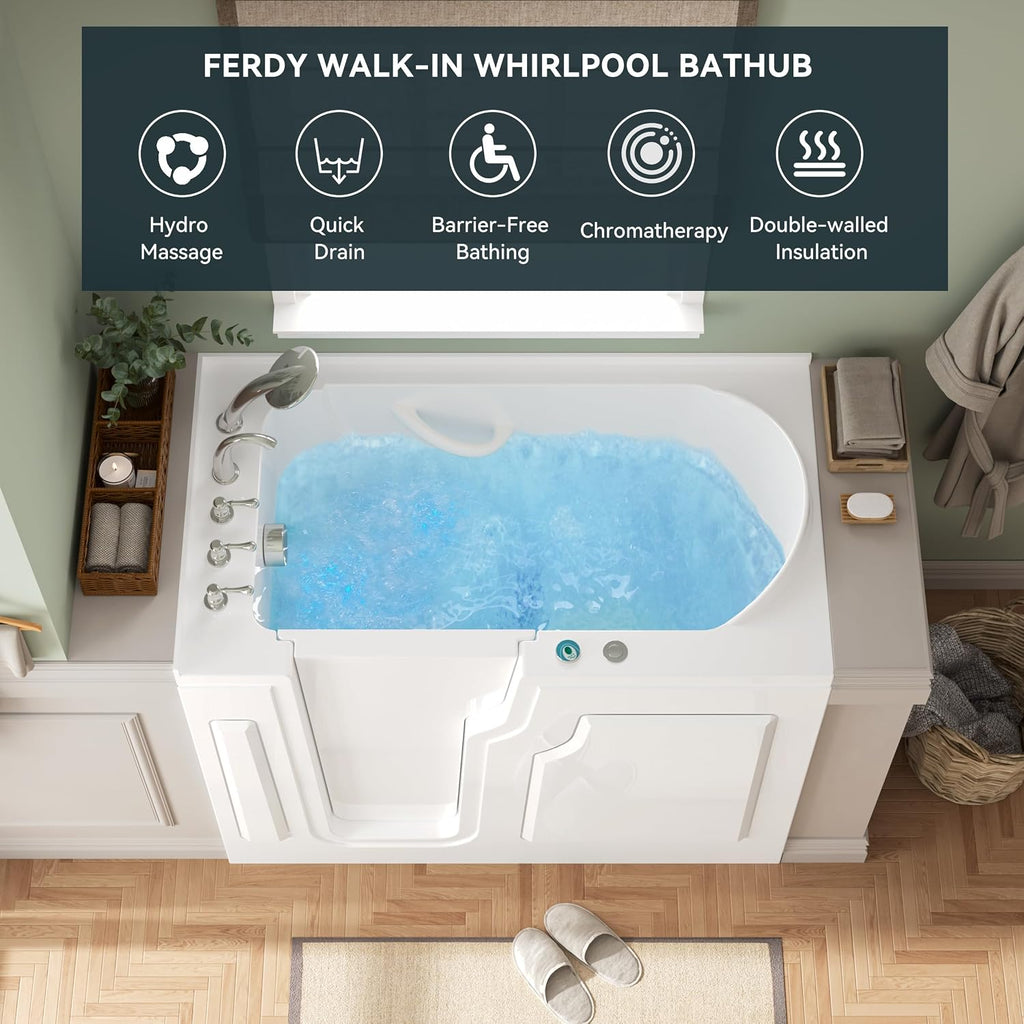 FerdY Floridian 55' x 33' Walk-in Whirlpool Bathtub with 16 Air Water SPA Jets and Left-Side Door Opening and Quick Fill and Drain System, Rectangular Soaking Jetted Bath Tub in White with LED Lights