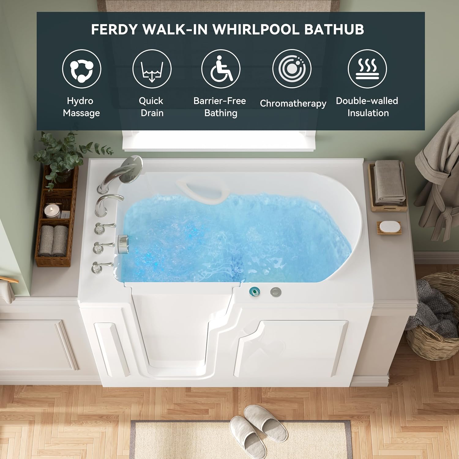 FerdY Floridian 55' x 33' Walk-in Whirlpool Bathtub with 16 Air Water SPA Jets and Left-Side Door Opening and Quick Fill and Drain System, Rectangular Soaking Jetted Bath Tub in White with LED Lights