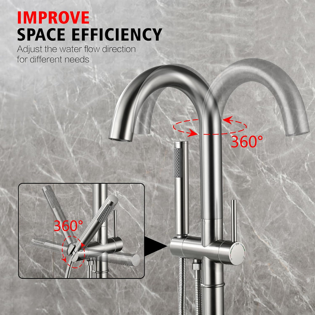 sumerain Bathroom Freestanding Bathtub Faucet Brushed Nickel, Modern Floor Mount Tub Faucet, High Flow with Hand Shower