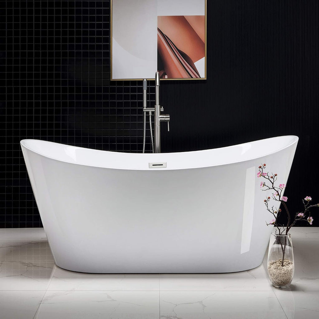 WOODBRIDGE 67' Acrylic Freestanding Bathtub Contemporary Soaking Tub, White Acrylic (Brushed Nickel Drain/Overflow),B-0010 B/N-Drain &O
