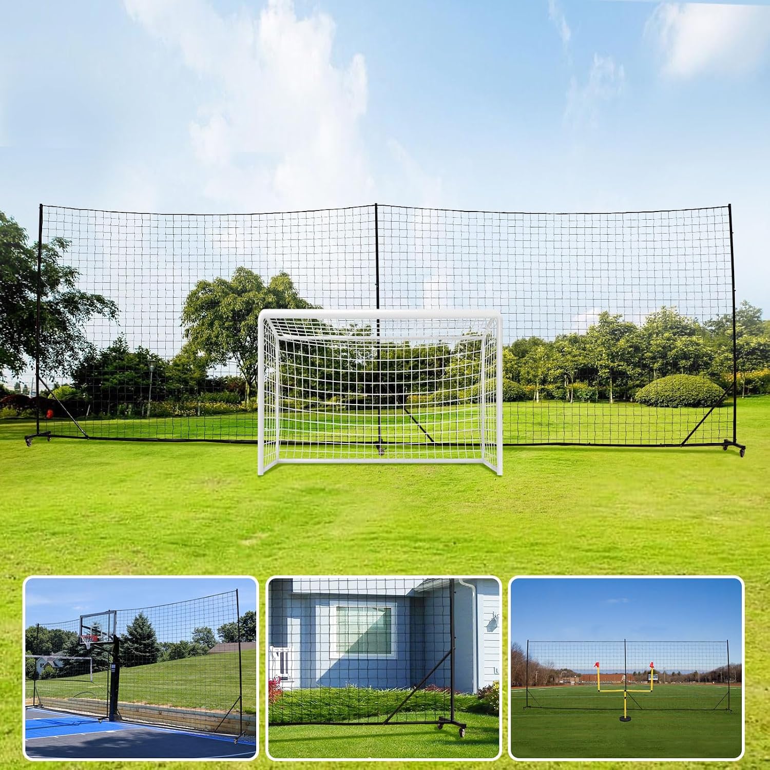 Ball Stop Net System with Wheels Movable Socketed Ball Stop Net Sports Netting Backyard 10FT to 12FT High Backstop Net for Barrier with Post from 10FT to 30FT Wide